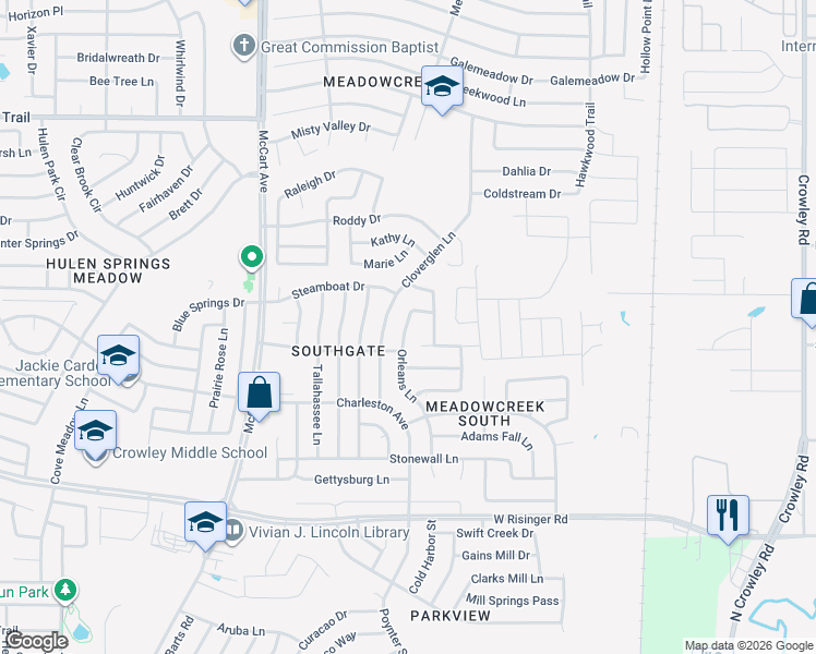 map of restaurants, bars, coffee shops, grocery stores, and more near 8337 Orleans Lane in Fort Worth