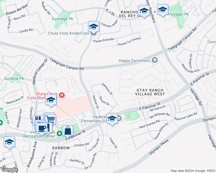 map of restaurants, bars, coffee shops, grocery stores, and more near 941 Isom Court in Chula Vista