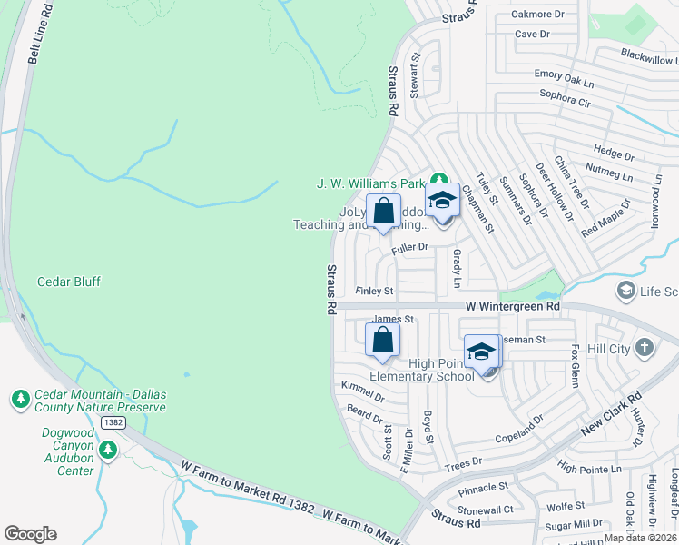map of restaurants, bars, coffee shops, grocery stores, and more near 1512 Straus Road in Cedar Hill