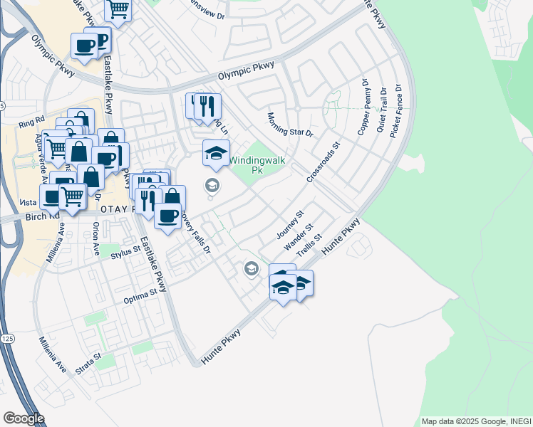map of restaurants, bars, coffee shops, grocery stores, and more near 1880 Crossroads Street in Chula Vista