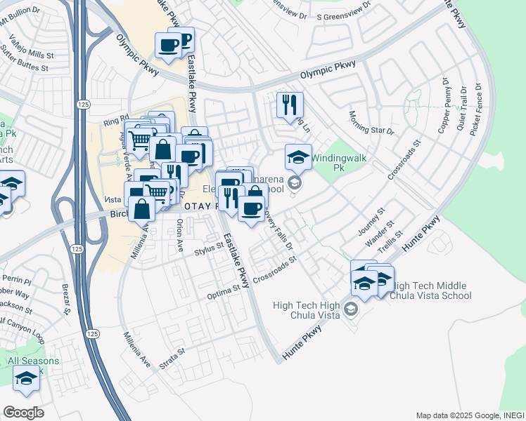 map of restaurants, bars, coffee shops, grocery stores, and more near 1715 Rolling Water Drive in Chula Vista