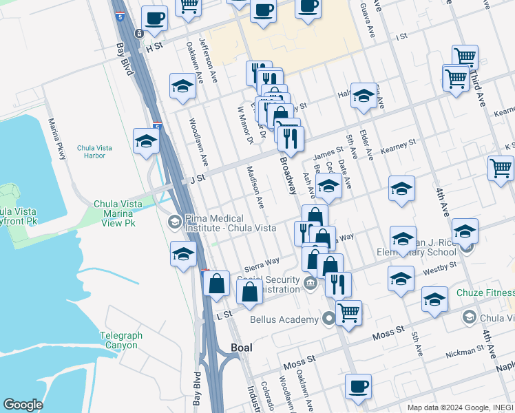 map of restaurants, bars, coffee shops, grocery stores, and more near 783 Jefferson Avenue in Chula Vista