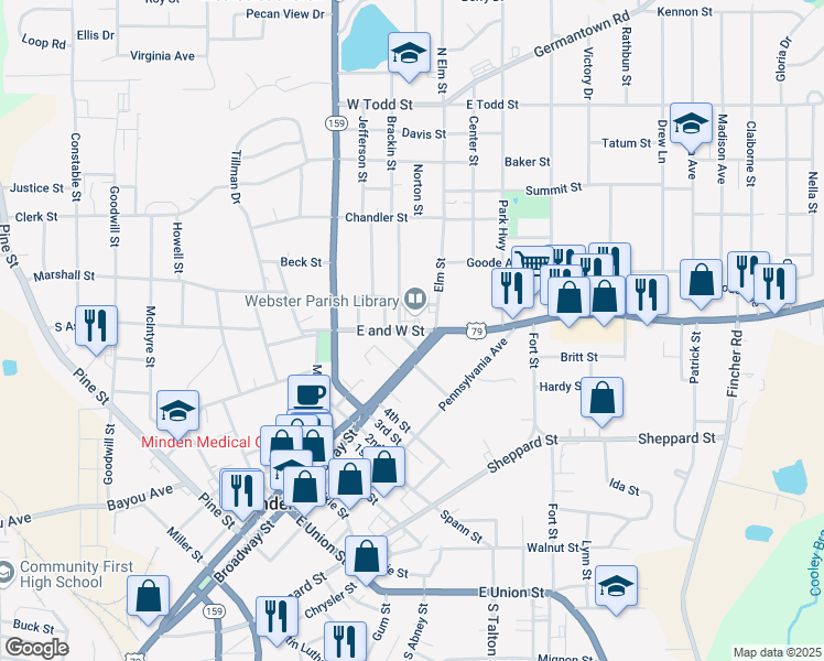 map of restaurants, bars, coffee shops, grocery stores, and more near 521 Minden Street in Ruston