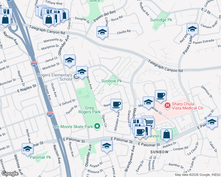 map of restaurants, bars, coffee shops, grocery stores, and more near 613 Diamond Drive in Chula Vista