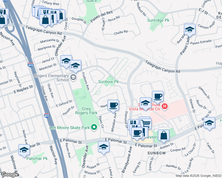 map of restaurants, bars, coffee shops, grocery stores, and more near 624 Diamond Drive in Chula Vista