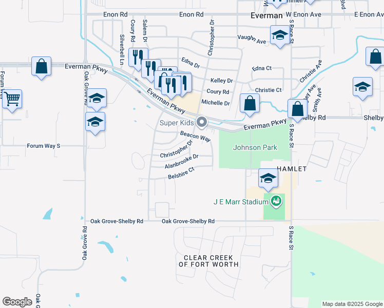 map of restaurants, bars, coffee shops, grocery stores, and more near 2001 Alanbrooke Drive in Fort Worth