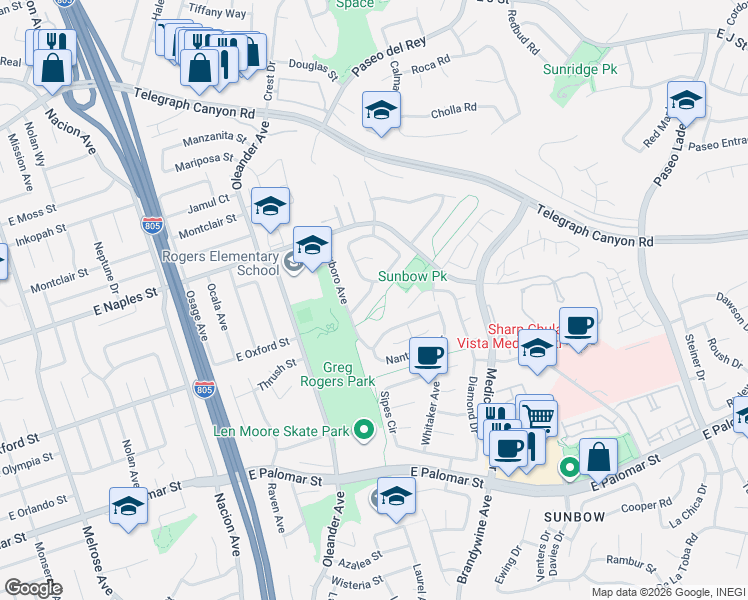 map of restaurants, bars, coffee shops, grocery stores, and more near 577 Hampshire Lane in Chula Vista
