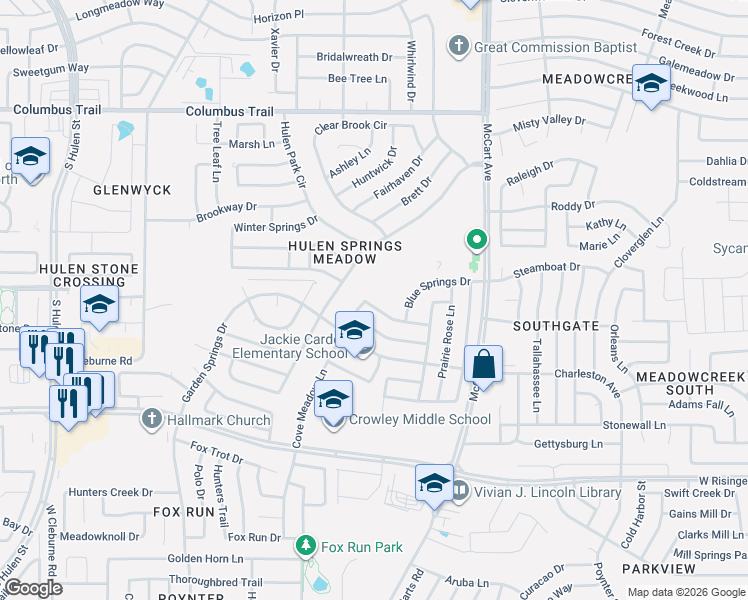 map of restaurants, bars, coffee shops, grocery stores, and more near 3713 Cove Meadow Lane in Fort Worth