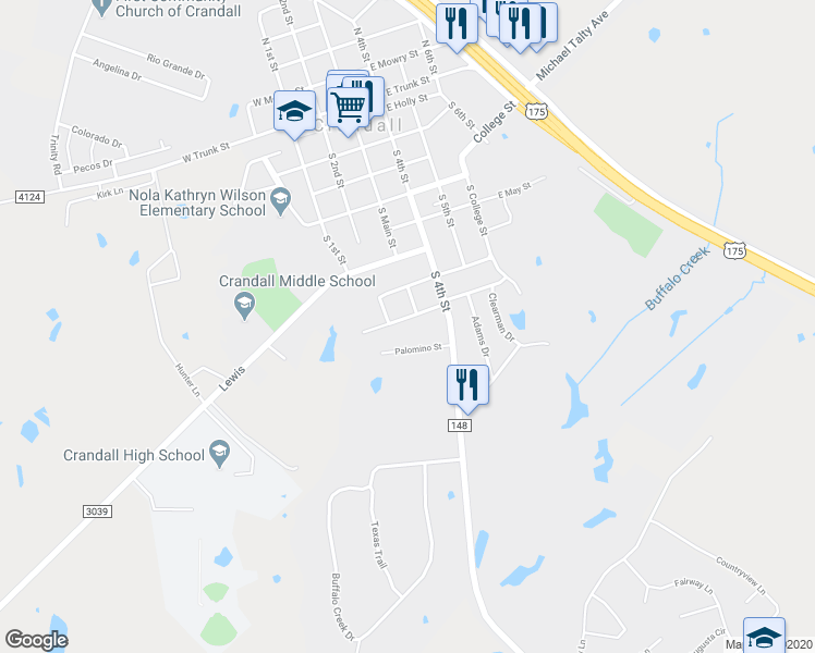 map of restaurants, bars, coffee shops, grocery stores, and more near 104 Palomino Street in Crandall