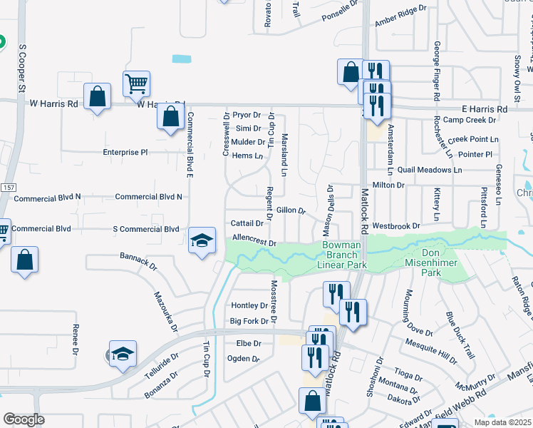 map of restaurants, bars, coffee shops, grocery stores, and more near 908 Cattail Drive in Arlington