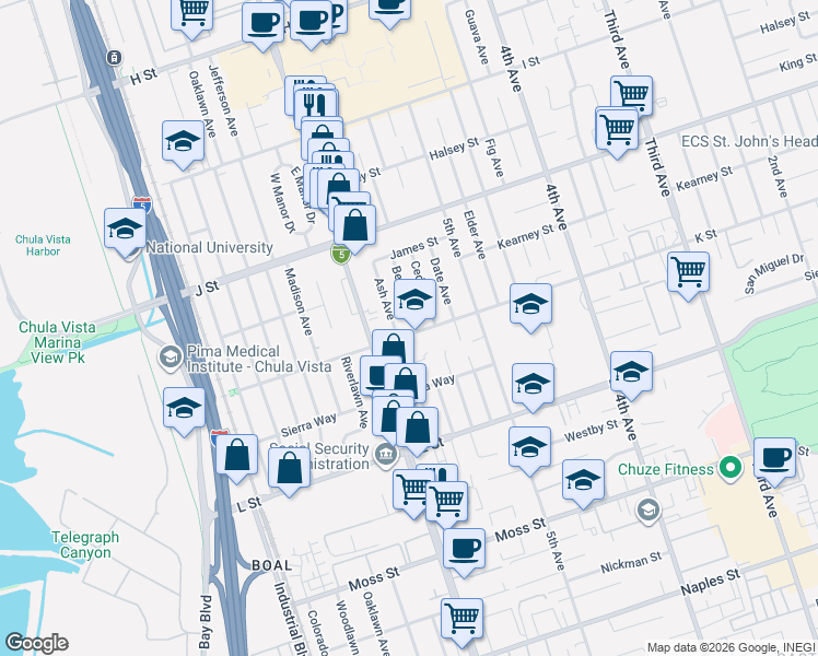 map of restaurants, bars, coffee shops, grocery stores, and more near 801 Broadway in Chula Vista
