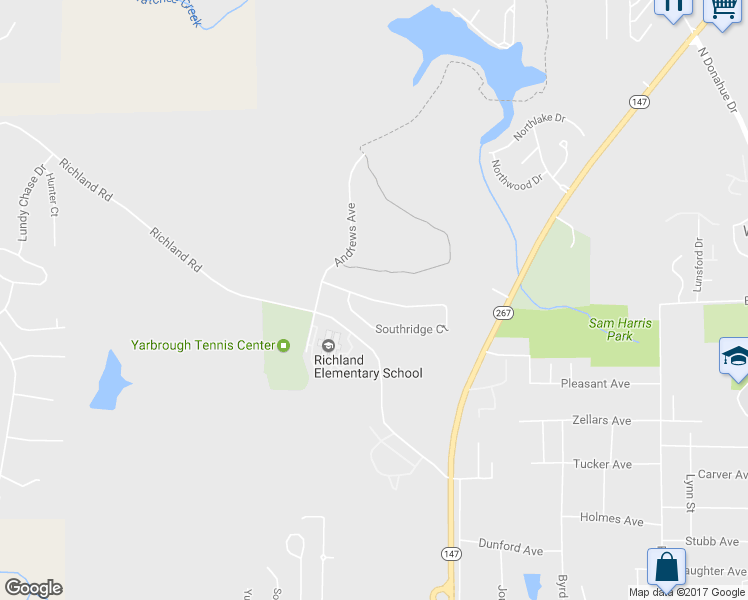 map of restaurants, bars, coffee shops, grocery stores, and more near Southridge Court in Auburn