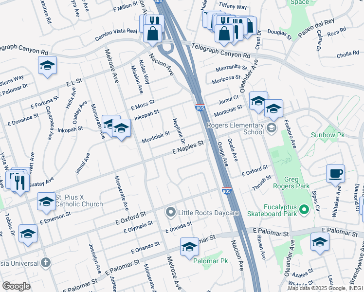 map of restaurants, bars, coffee shops, grocery stores, and more near 1142 Via Trieste in Chula Vista