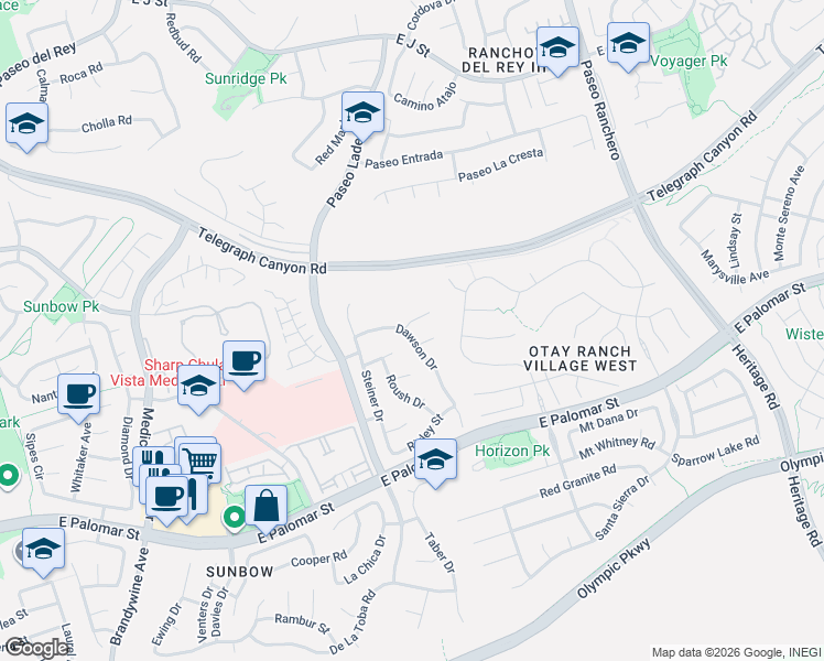 map of restaurants, bars, coffee shops, grocery stores, and more near 940 Sullivan Court in Chula Vista