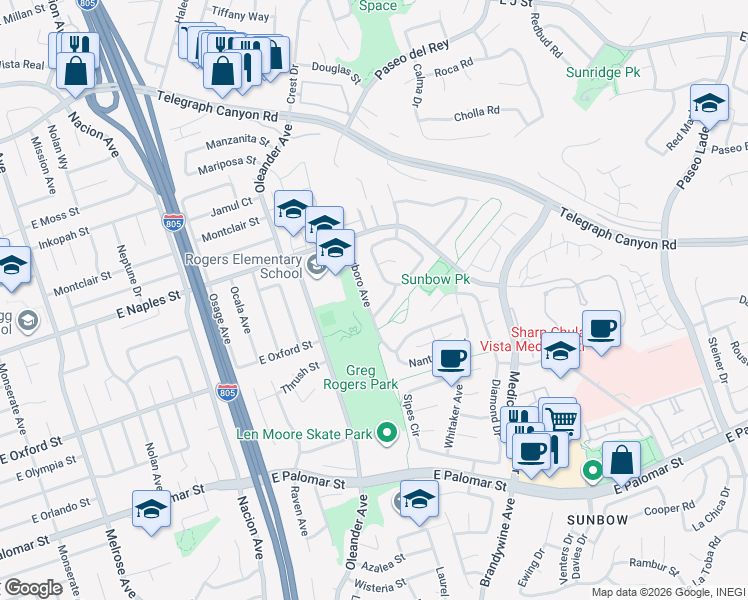 map of restaurants, bars, coffee shops, grocery stores, and more near 643 Crescent Drive in Chula Vista