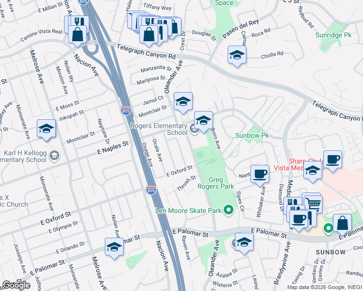 map of restaurants, bars, coffee shops, grocery stores, and more near 510 East Naples Street in Chula Vista