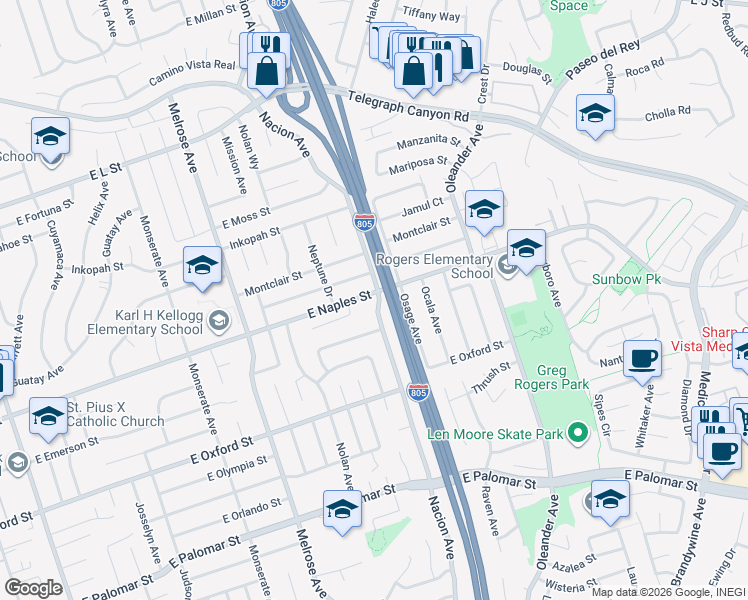 map of restaurants, bars, coffee shops, grocery stores, and more near 390 Montcalm Street in Chula Vista