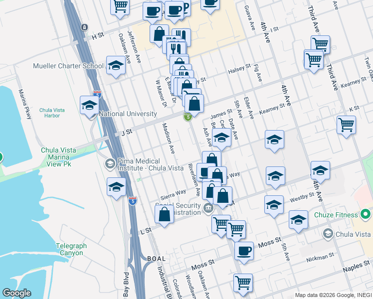 map of restaurants, bars, coffee shops, grocery stores, and more near 749 Riverlawn Avenue in Chula Vista