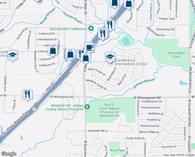 map of restaurants, bars, coffee shops, grocery stores, and more near 218 Silver Creek Drive in Duncanville