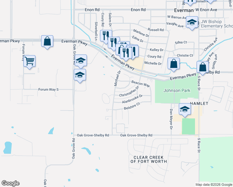 map of restaurants, bars, coffee shops, grocery stores, and more near 9100 Michael Drive in Fort Worth