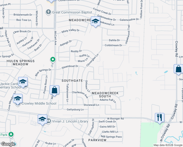 map of restaurants, bars, coffee shops, grocery stores, and more near 8212 French Quarter Lane in Fort Worth