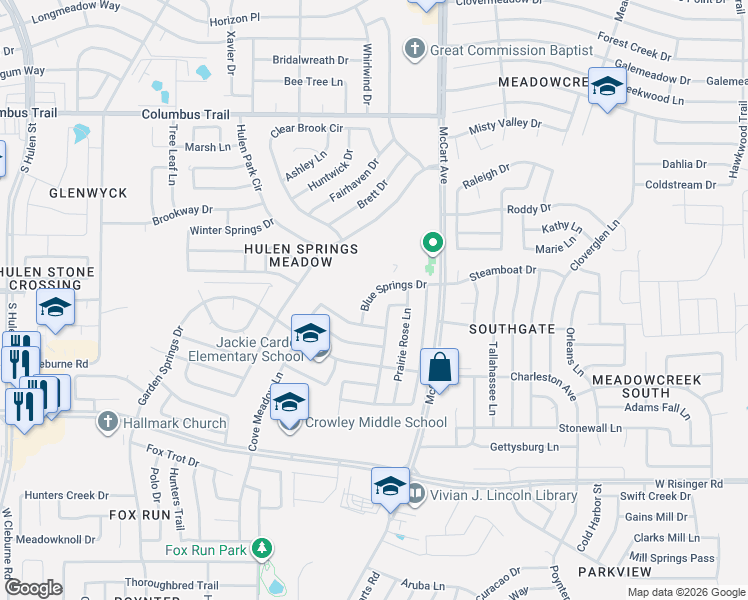 map of restaurants, bars, coffee shops, grocery stores, and more near 3601 Blue Springs Drive in Fort Worth