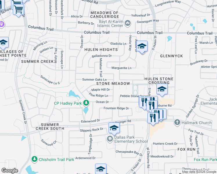 map of restaurants, bars, coffee shops, grocery stores, and more near 4633 Summer Oaks Lane in Fort Worth