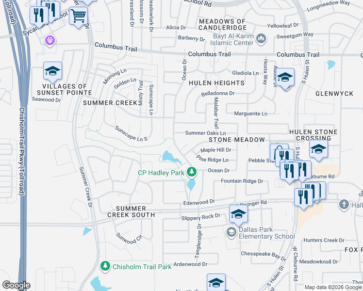 map of restaurants, bars, coffee shops, grocery stores, and more near 4905 Summer Oaks Lane in Fort Worth