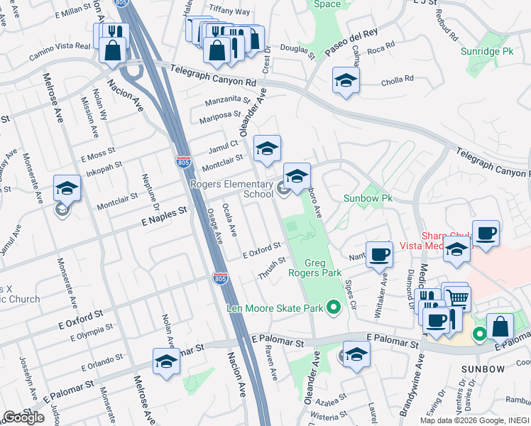 map of restaurants, bars, coffee shops, grocery stores, and more near 1139 Ocelot Avenue in Chula Vista