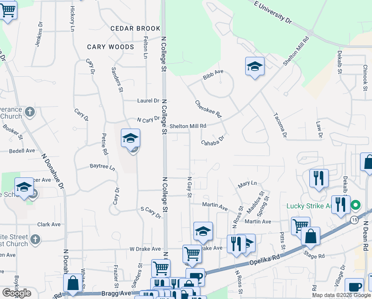 map of restaurants, bars, coffee shops, grocery stores, and more near 835 North Gay Street in Auburn