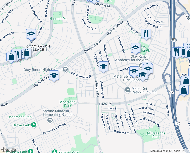 map of restaurants, bars, coffee shops, grocery stores, and more near La Media Road in Chula Vista