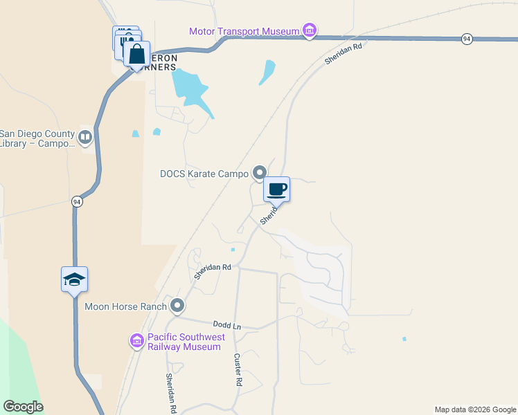 map of restaurants, bars, coffee shops, grocery stores, and more near 32021 Sand Aster Circle in Campo