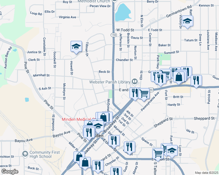 map of restaurants, bars, coffee shops, grocery stores, and more near 615 Lewisville Road in Minden