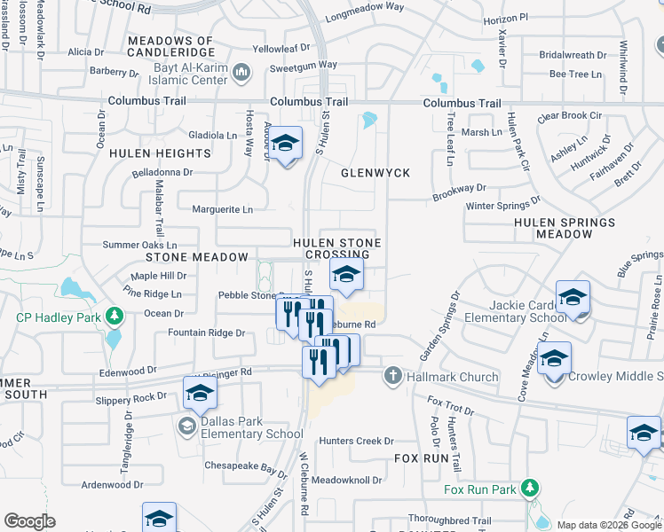 map of restaurants, bars, coffee shops, grocery stores, and more near 8229 Boulder Canyon Trail in Fort Worth