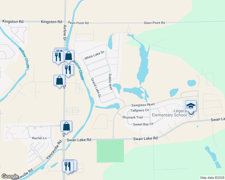 map of restaurants, bars, coffee shops, grocery stores, and more near 3202 Dublin Way in Bossier City