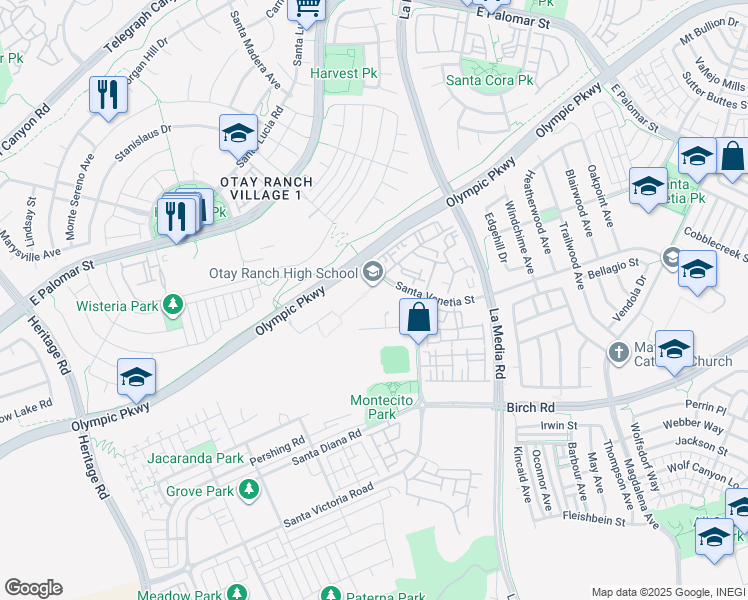 map of restaurants, bars, coffee shops, grocery stores, and more near 1550 Santa Venetia Street in Chula Vista