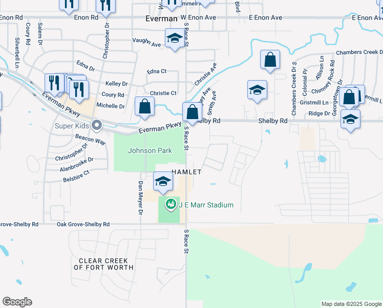 map of restaurants, bars, coffee shops, grocery stores, and more near 9075 South Race Street in Fort Worth