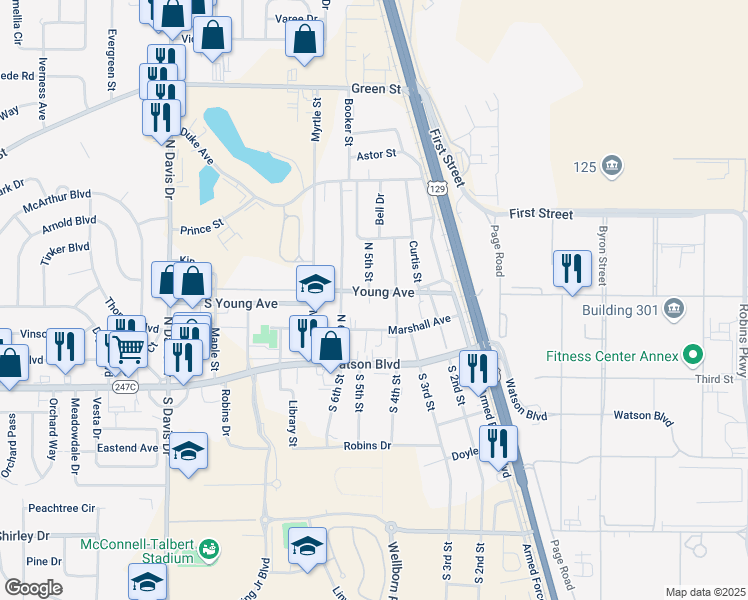 map of restaurants, bars, coffee shops, grocery stores, and more near 304 North 5th Street in Warner Robins