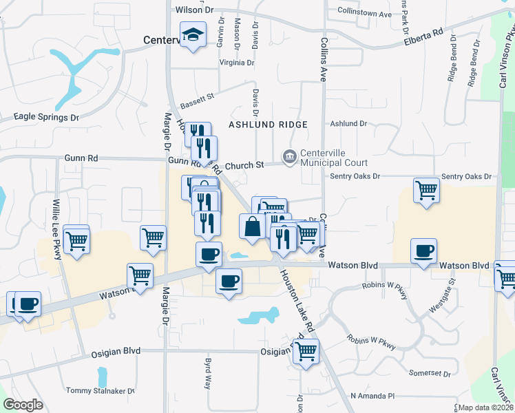 map of restaurants, bars, coffee shops, grocery stores, and more near 105 Arnold Street in Centerville