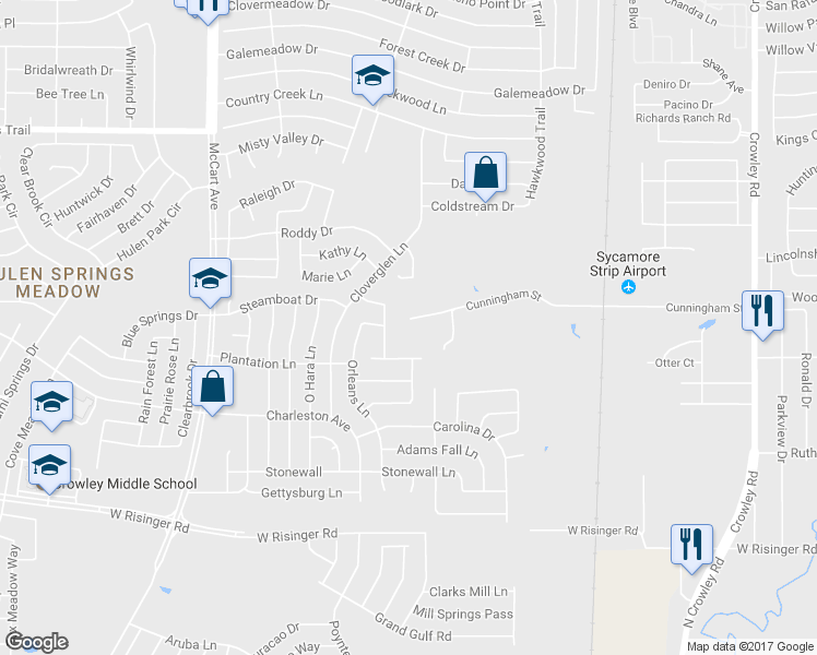map of restaurants, bars, coffee shops, grocery stores, and more near 2405 Cunningham Street in Fort Worth