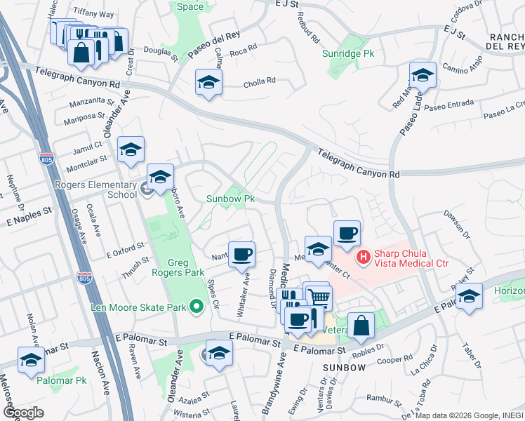 map of restaurants, bars, coffee shops, grocery stores, and more near 1201 Halley Court in Chula Vista