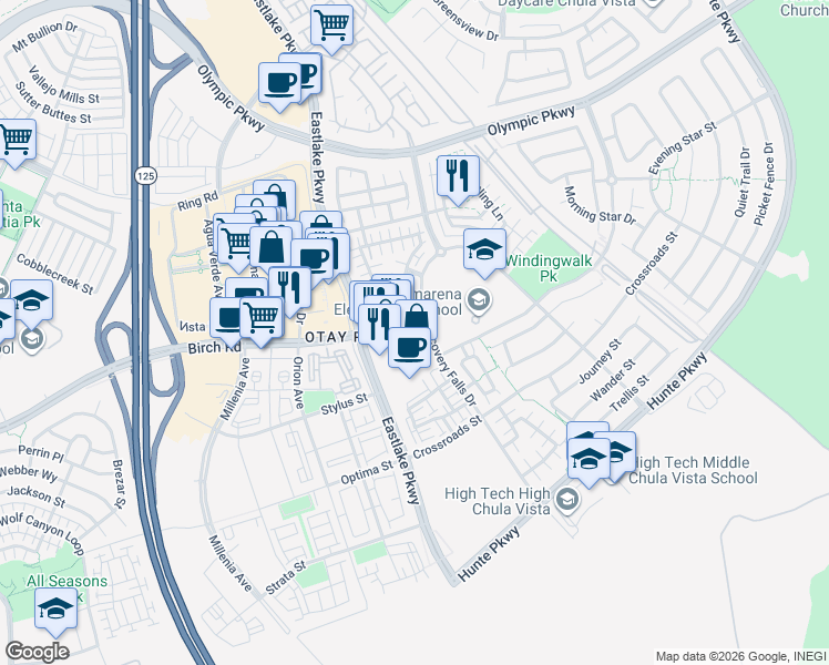map of restaurants, bars, coffee shops, grocery stores, and more near 2182 Diamondback Court in Chula Vista
