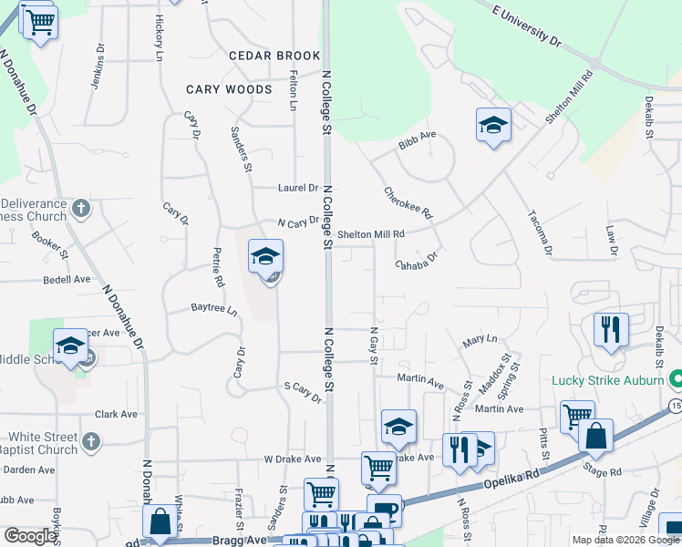 map of restaurants, bars, coffee shops, grocery stores, and more near 809-839 North College Street in Auburn