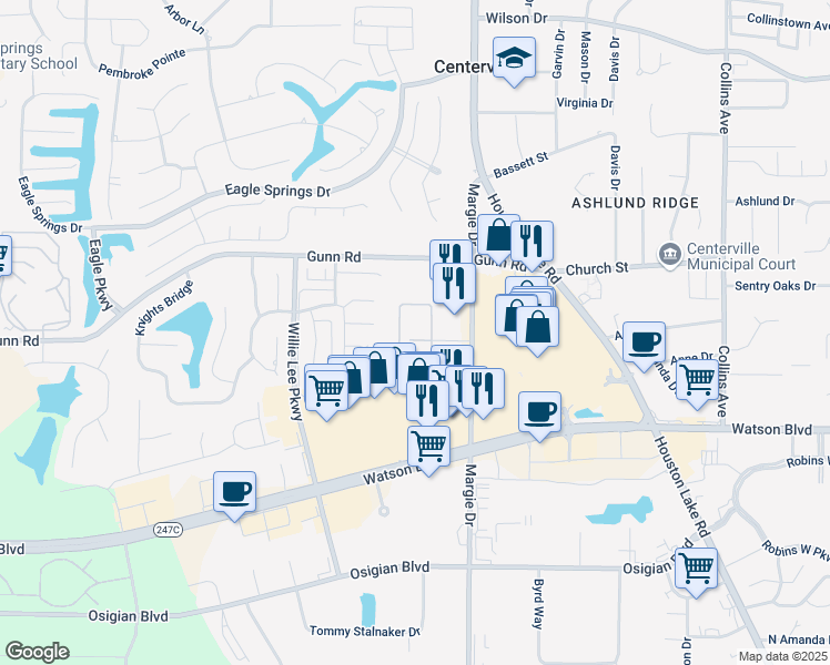 map of restaurants, bars, coffee shops, grocery stores, and more near 121 Margie Drive in Warner Robins