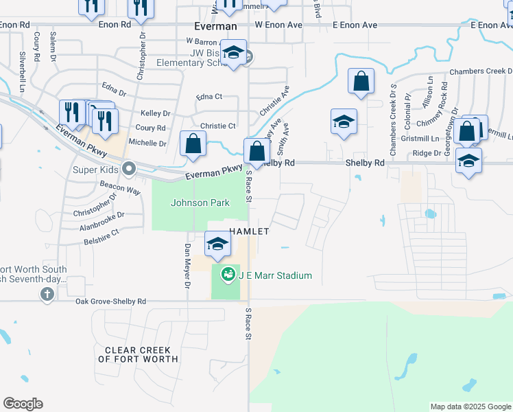 map of restaurants, bars, coffee shops, grocery stores, and more near 9075 South Race Street in Fort Worth