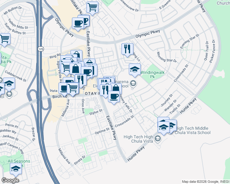 map of restaurants, bars, coffee shops, grocery stores, and more near 2182 Diamondback Court in Chula Vista