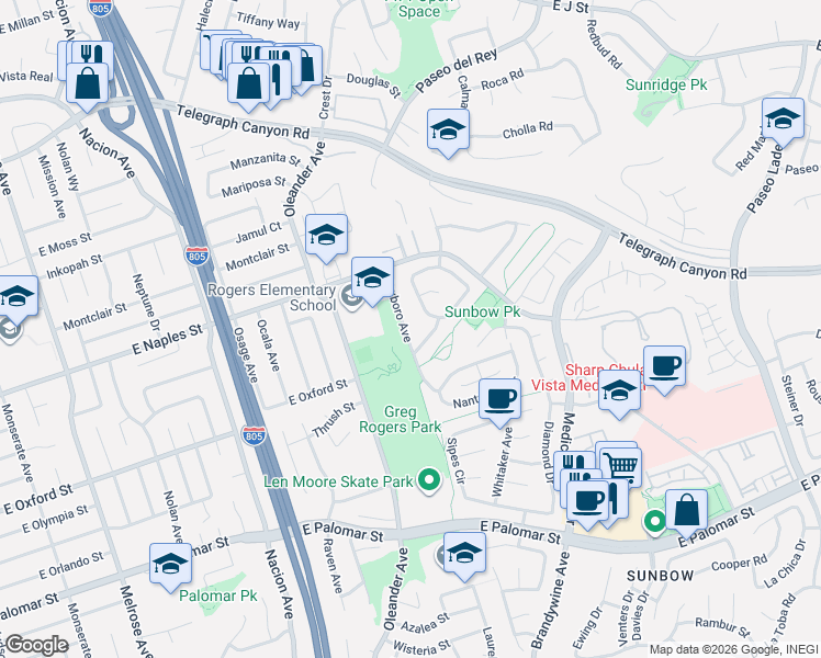 map of restaurants, bars, coffee shops, grocery stores, and more near 643 Crescent Drive in Chula Vista