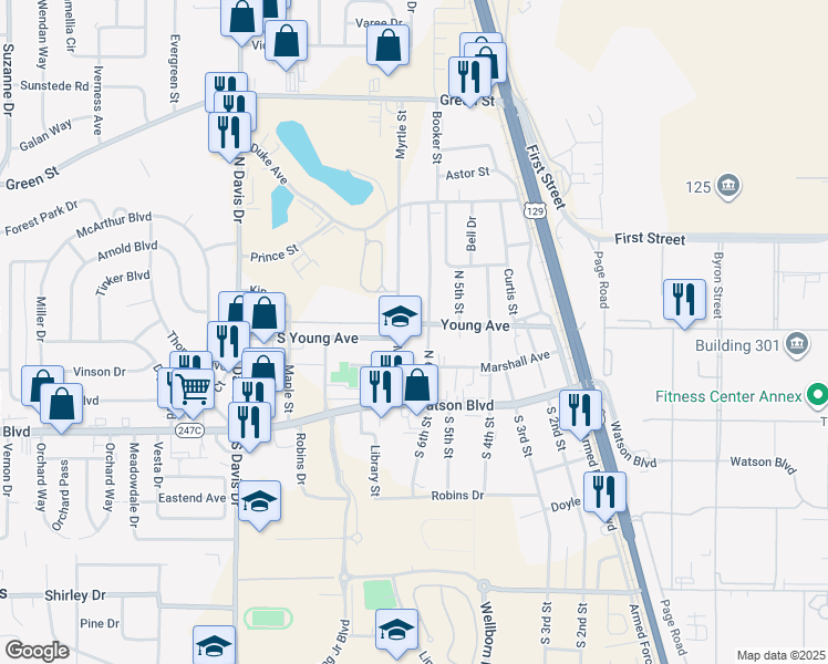 map of restaurants, bars, coffee shops, grocery stores, and more near 300 North 6th Street in Warner Robins