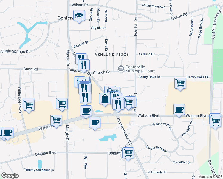 map of restaurants, bars, coffee shops, grocery stores, and more near 105 Arnold Street in Centerville