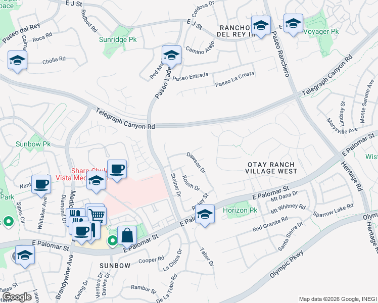 map of restaurants, bars, coffee shops, grocery stores, and more near 957 Sullivan Court in Chula Vista